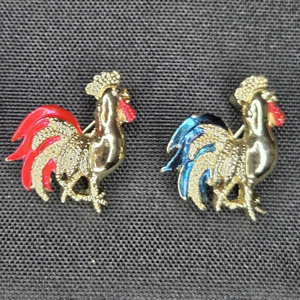 VTG Signed‎ Gerry's Rooster Brooch Set Gold Enamel MCM Farmcore Cottagecore Chic